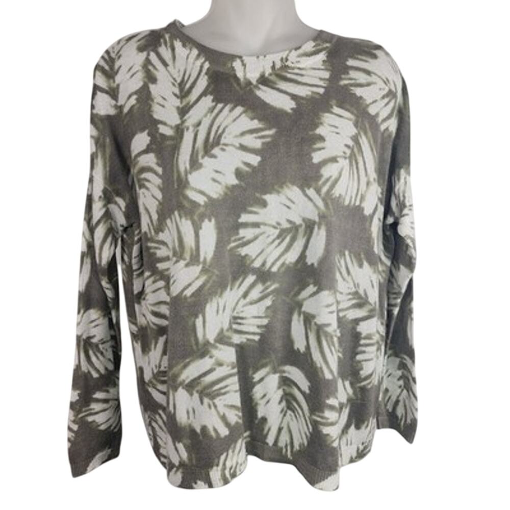 J Jill Women Sweater Green Linen Blend Palm Leaf Size XS Petite Coastal Tropical